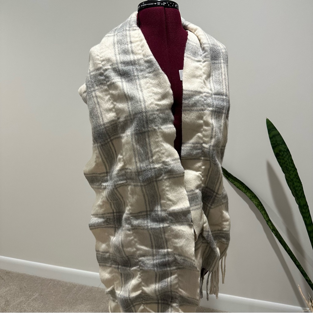 Talbots 100% Cashmere Plaid Cream And Gray Scarf